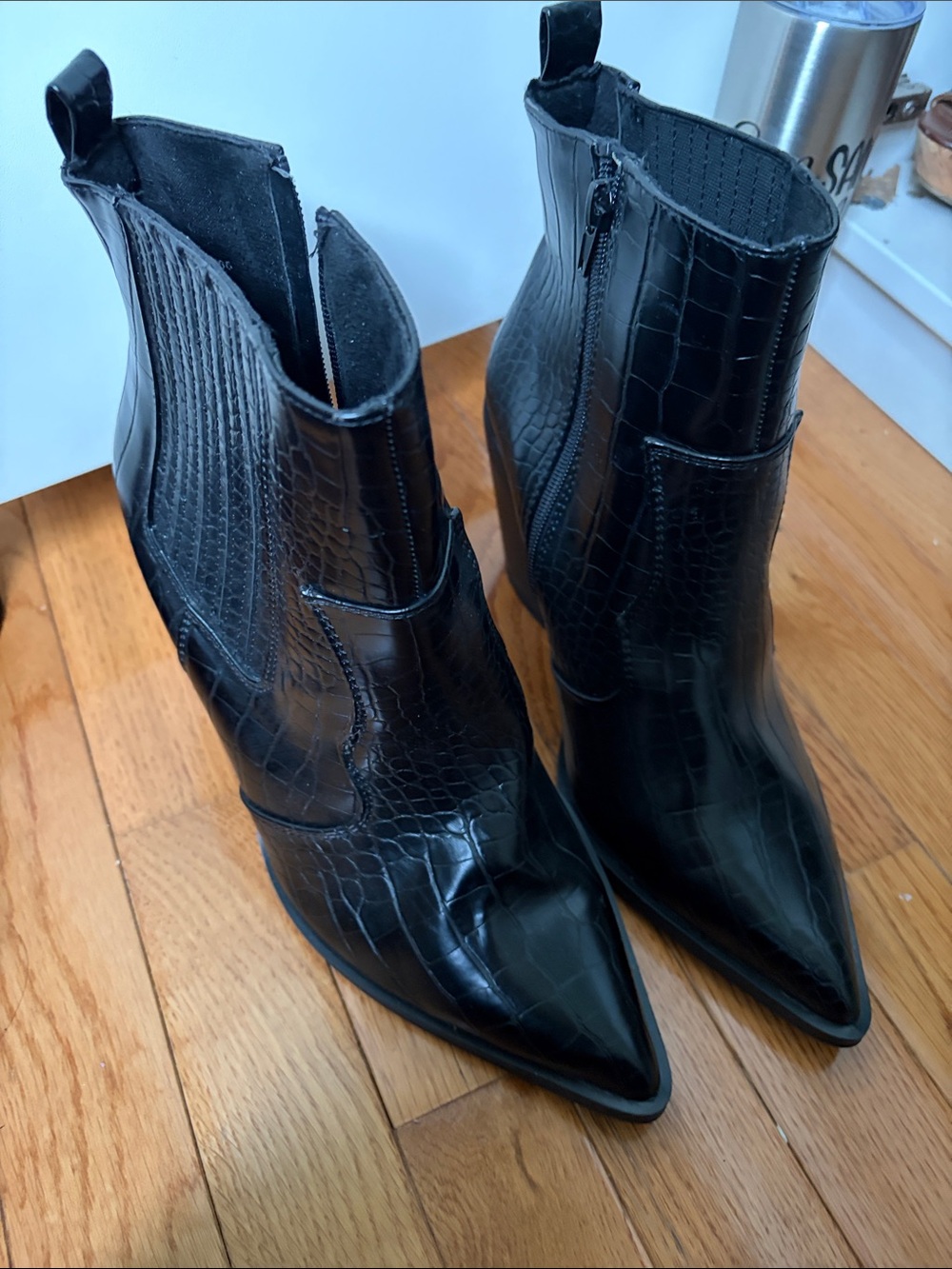 Croc-Embossed Black Pointed Toe Ankle Boots - Women